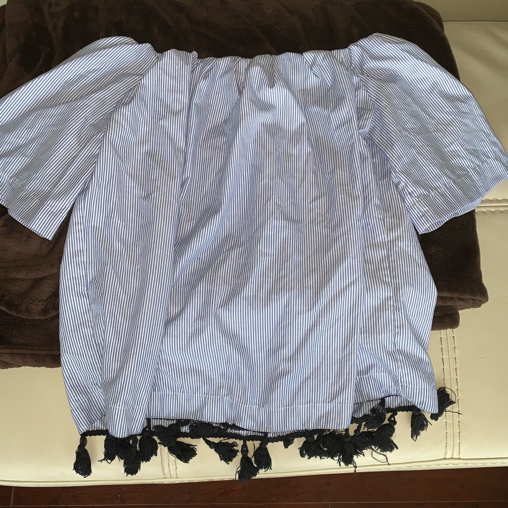 off the shoulder striped top with tassle